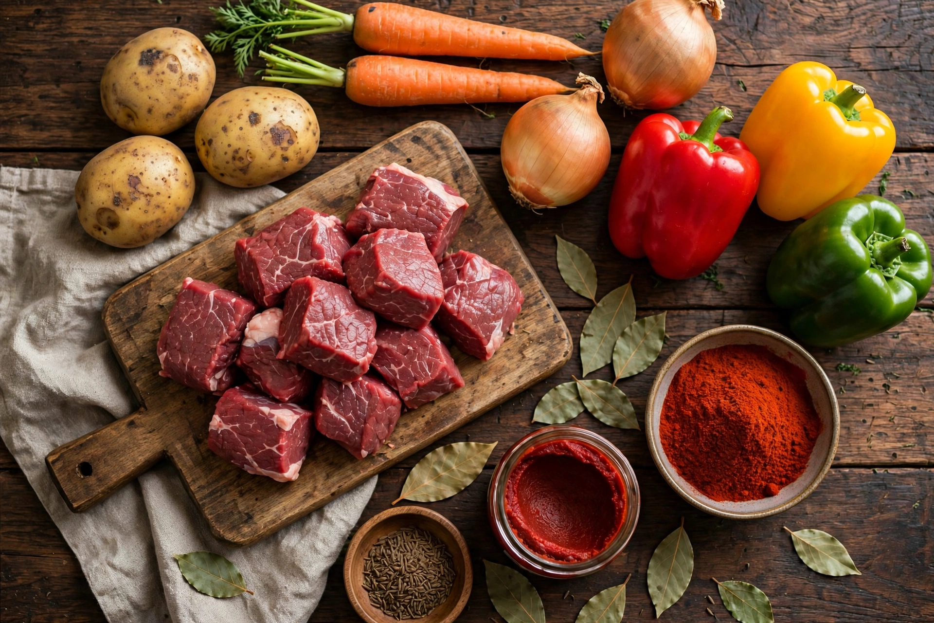 Gulasch Suppe Rezept – Zutaten im Überblick: Rindfleisch, Kartoffeln, Paprika, Zwiebeln und Paprikapulver