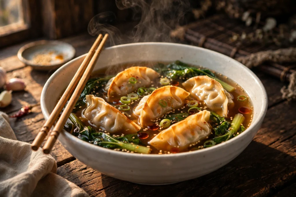 Gyoza Suppe Rezept – dampfende Schüssel mit japanischen Gyoza in würziger Brühe mit Pak Choi und Sesam