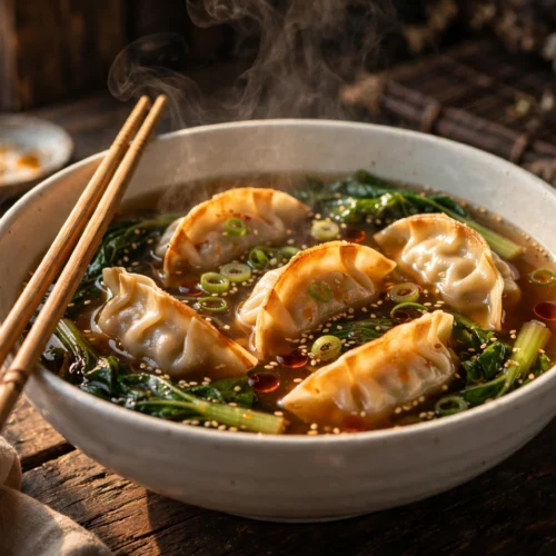Gyoza Suppe Rezept – dampfende Schüssel mit japanischen Gyoza in würziger Brühe mit Pak Choi und Sesam