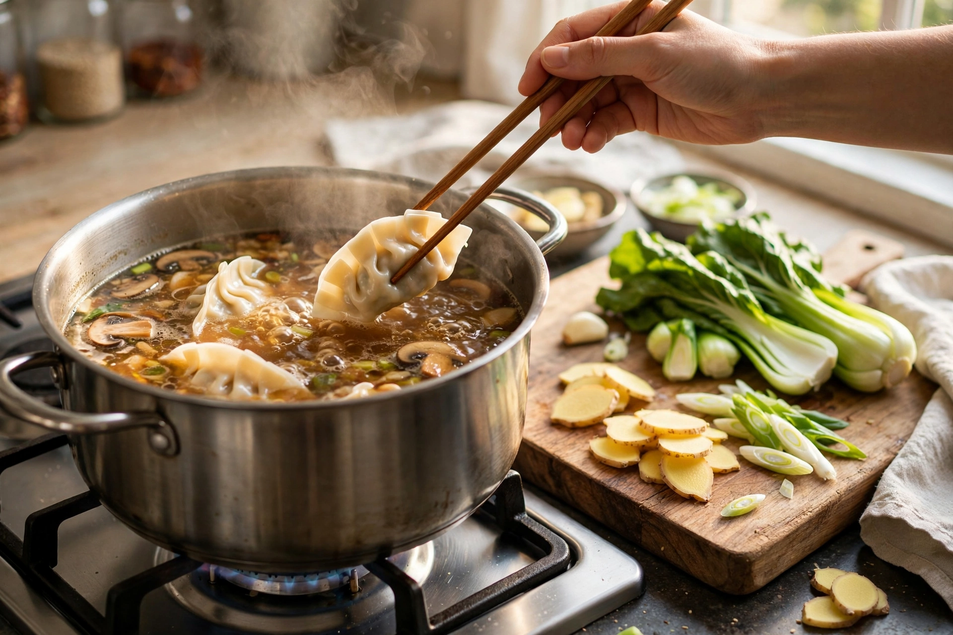 Gyoza Suppe Rezept – Zubereitung: Gyoza werden in der heißen Ingwer-Brühe schonend gegart