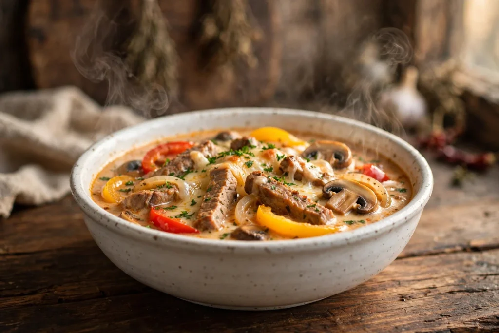 Gyros Suppe Rezept – cremige Partysuppe mit Gyrosfleisch, Paprika und Champignons in weißer Schüssel auf Holztisch