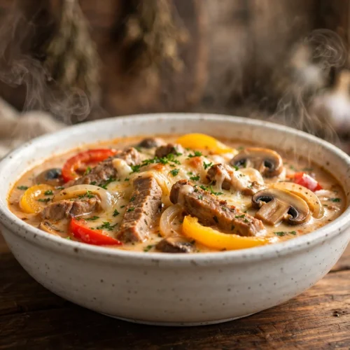 Gyros Suppe Rezept – cremige Partysuppe mit Gyrosfleisch, Paprika und Champignons in weißer Schüssel auf Holztisch