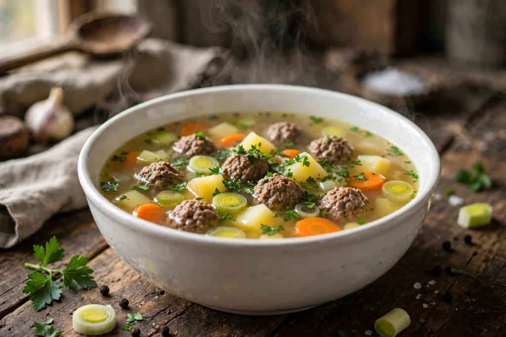 Hackfleisch Lauch Suppe Rezept – dampfende rustikale Suppe mit Hackfleischbällchen, Lauchringen, Kartoffeln und Karotten in weißer Schüssel auf Holztisch