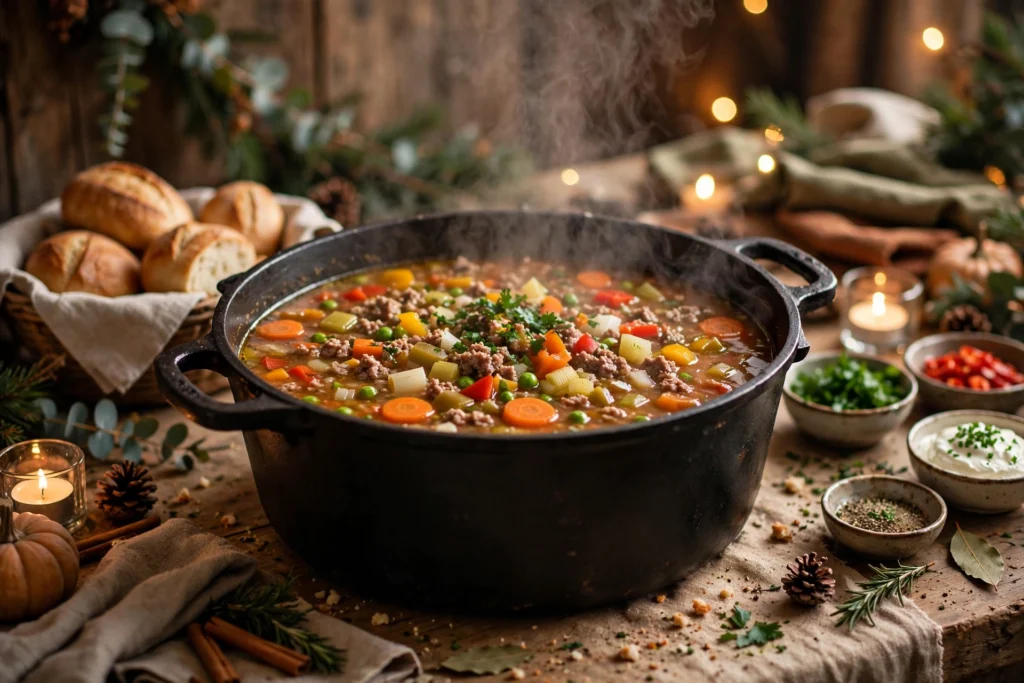 Hackfleisch Suppe Party Rezept – großer Topf dampfender Hackfleischsuppe mit Paprika und Mais auf festlichem Partybuffet
