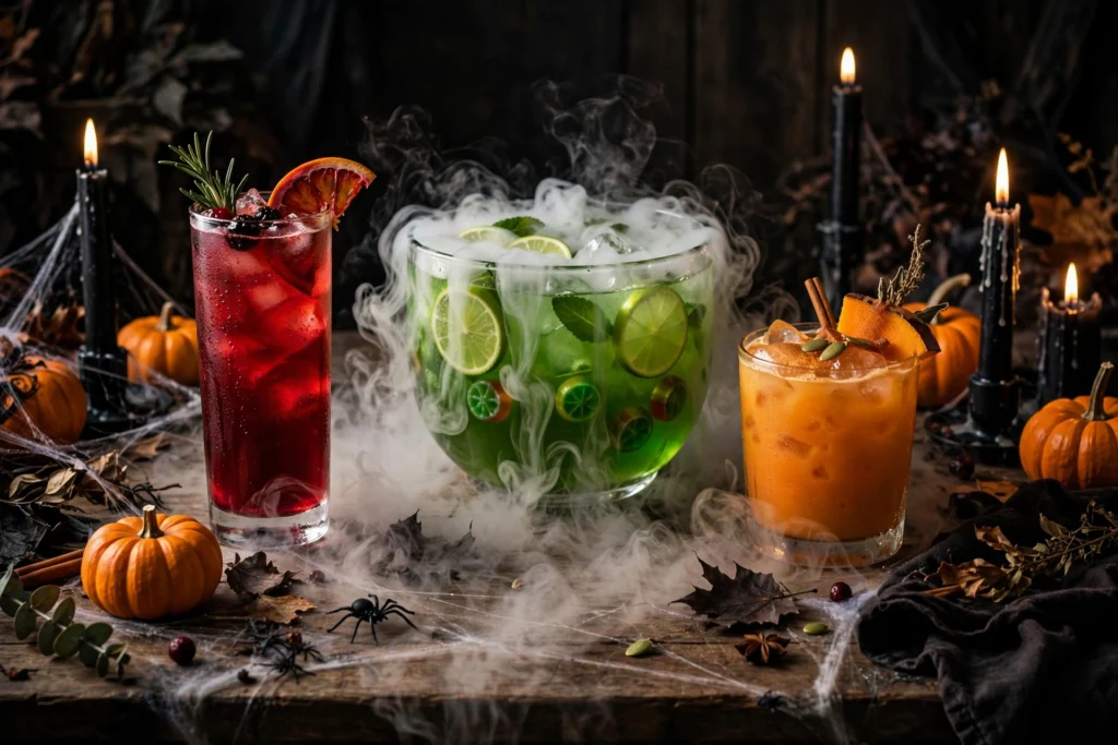 Halloween trinken Rezept – gruselige Halloween-Party-Drinks mit Trockeneisnebel auf Party-Tisch