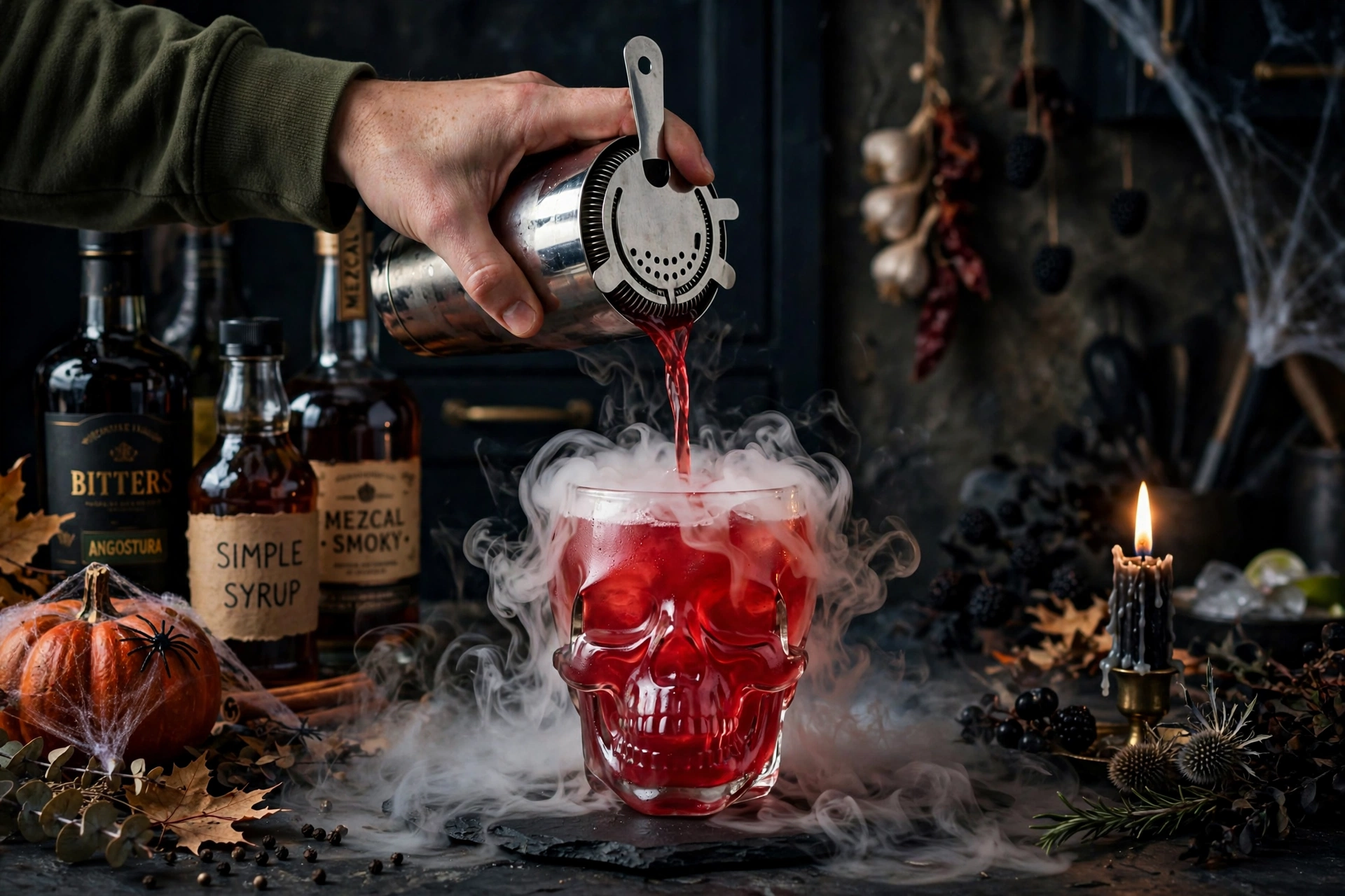 Halloween trinken Rezept – Zubereitung eines blutroten Vampir-Cocktails mit Trockeneisnebel