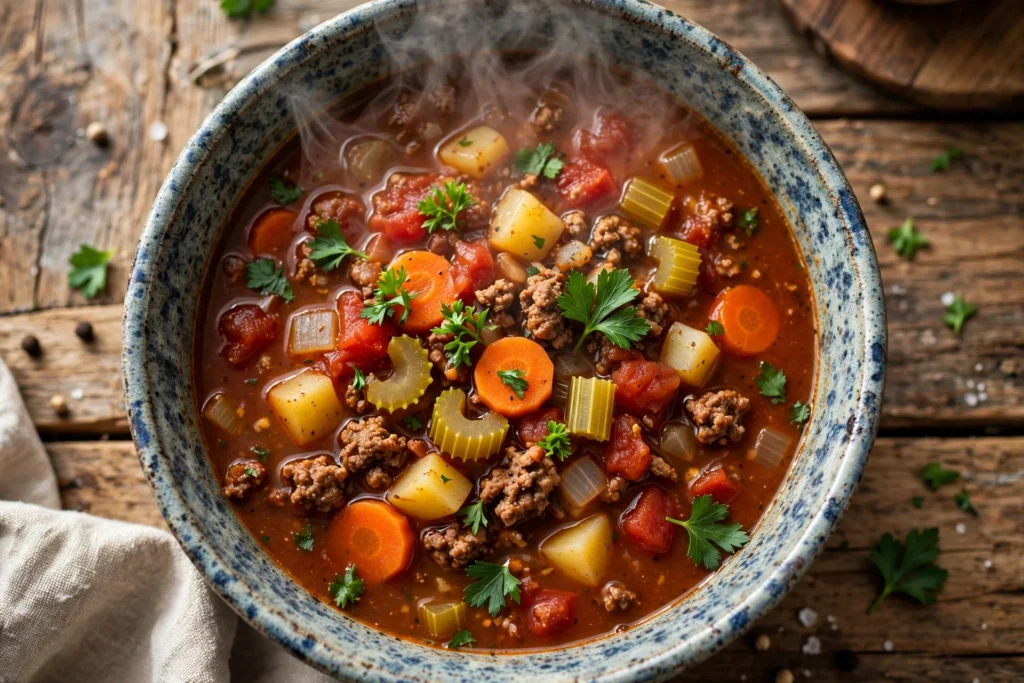 Hamburger Suppe Rezept – dampfende Schüssel amerikanische Hamburger Suppe mit Rinderhack, Kartoffeln und Gemüse in Tomatenbrühe