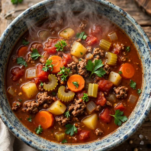 Hamburger Suppe Rezept – dampfende Schüssel amerikanische Hamburger Suppe mit Rinderhack, Kartoffeln und Gemüse in Tomatenbrühe