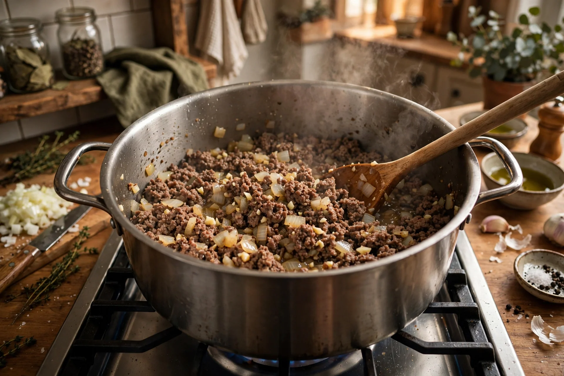 Hamburger Suppe Rezept – Rinderhackfleisch wird mit Zwiebeln und Knoblauch in einem großen Suppentopf krümelig angebraten
