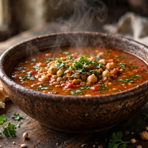 Harira Suppe Rezept – dampfende marokkanische Tomaten-Linsen-Kichererbsen-Suppe in Keramikschüssel mit Fladenbrot