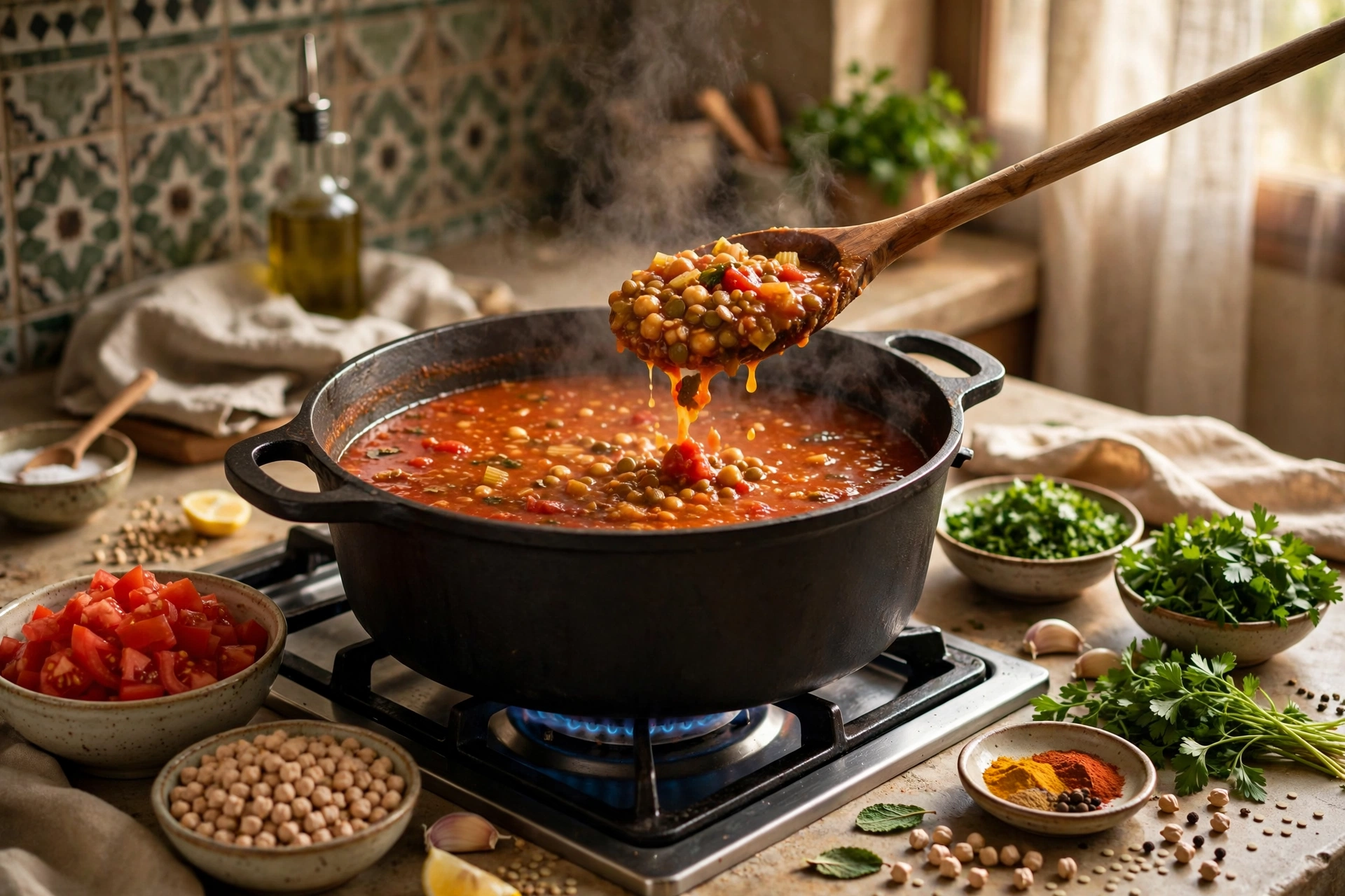 Harira Suppe Rezept – der Suppentopf köchelt auf dem Herd, daneben Schüsseln mit Tomaten, Kichererbsen, frischen Kräutern und Gewürzen