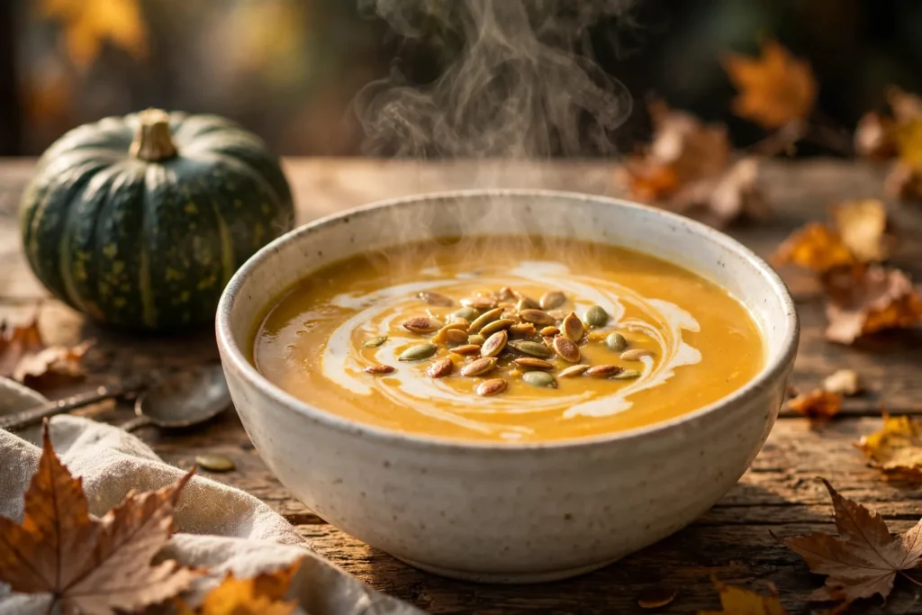 Hokkaido Suppe Rezept – dampfende cremige Hokkaido-Suppe mit Kokosmilch-Swirl und gerösteten Kürbiskernen in heller Schüssel auf Holztisch