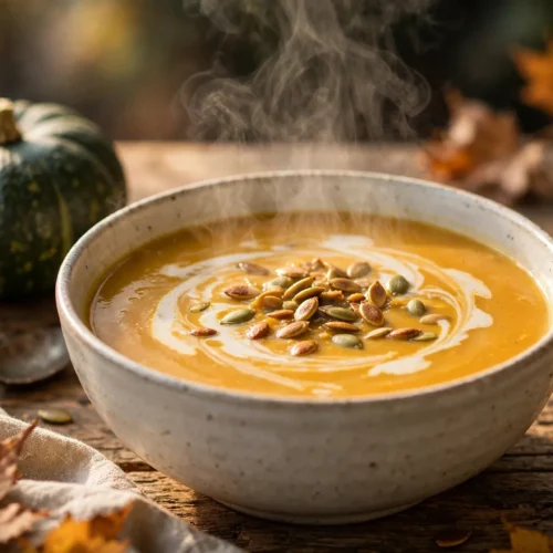 Hokkaido Suppe Rezept – dampfende cremige Hokkaido-Suppe mit Kokosmilch-Swirl und gerösteten Kürbiskernen in heller Schüssel auf Holztisch