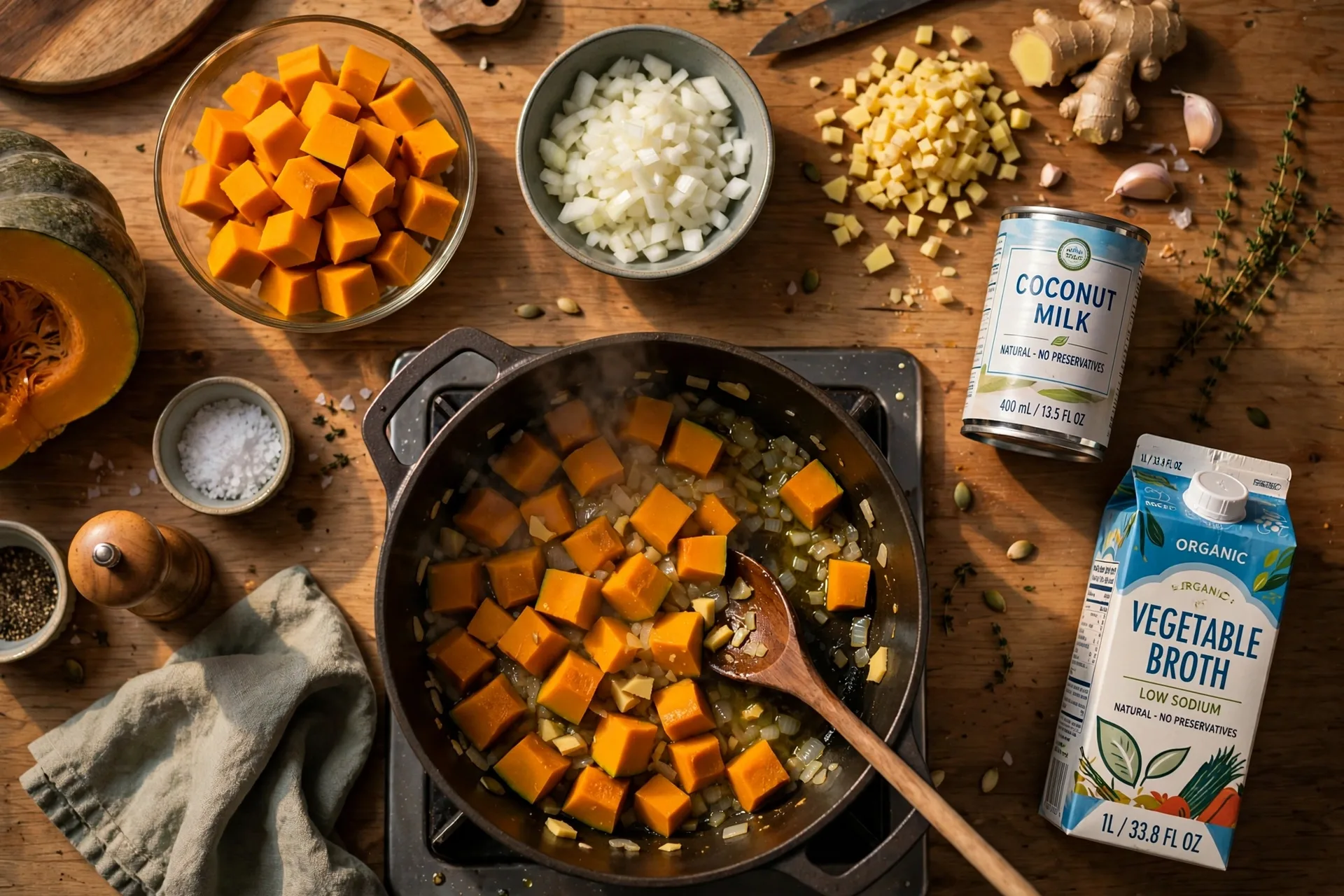 Hokkaido Suppe Rezept – Zubereitung: Hokkaido-Würfel, Zwiebel, Ingwer und Kokosmilch liegen bereit, Kürbis wird im Topf angeschwitzt