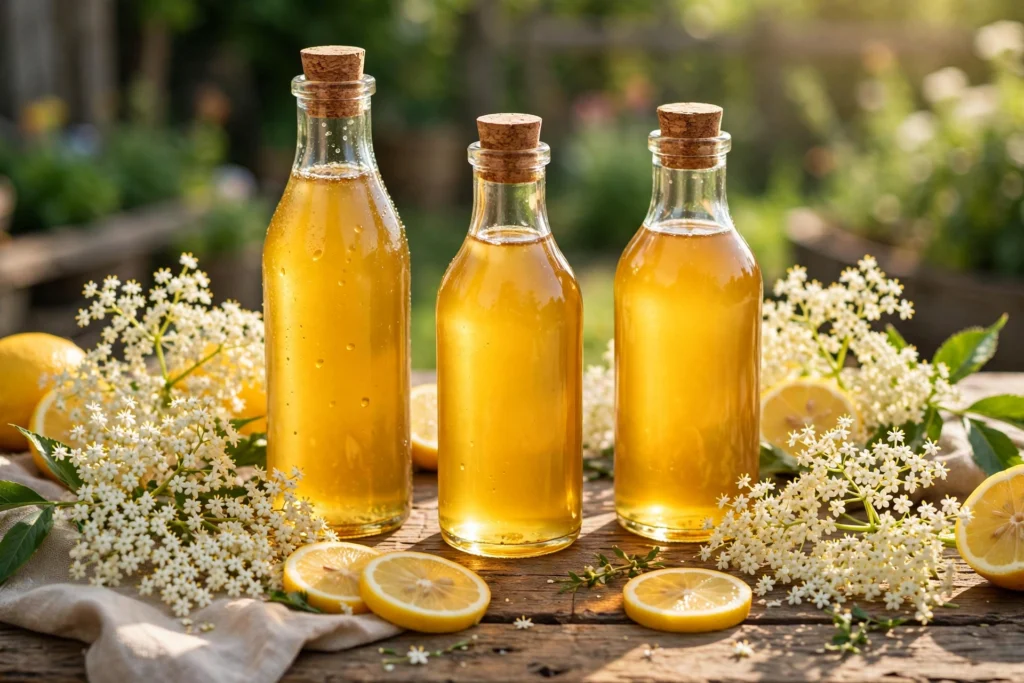 Holunderblütensirup Rezept – Flaschen mit goldenem Sirup aus Holunderblüten