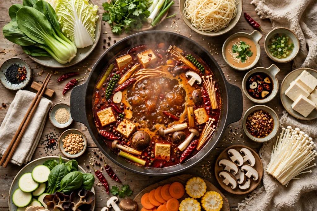 Hot Pot Suppe Rezept – Dampender chinesischer Feuertopf mit Gemüse, Tofu und Pilzen am Tisch