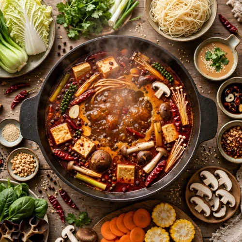 Hot Pot Suppe Rezept – Dampender chinesischer Feuertopf mit Gemüse, Tofu und Pilzen am Tisch