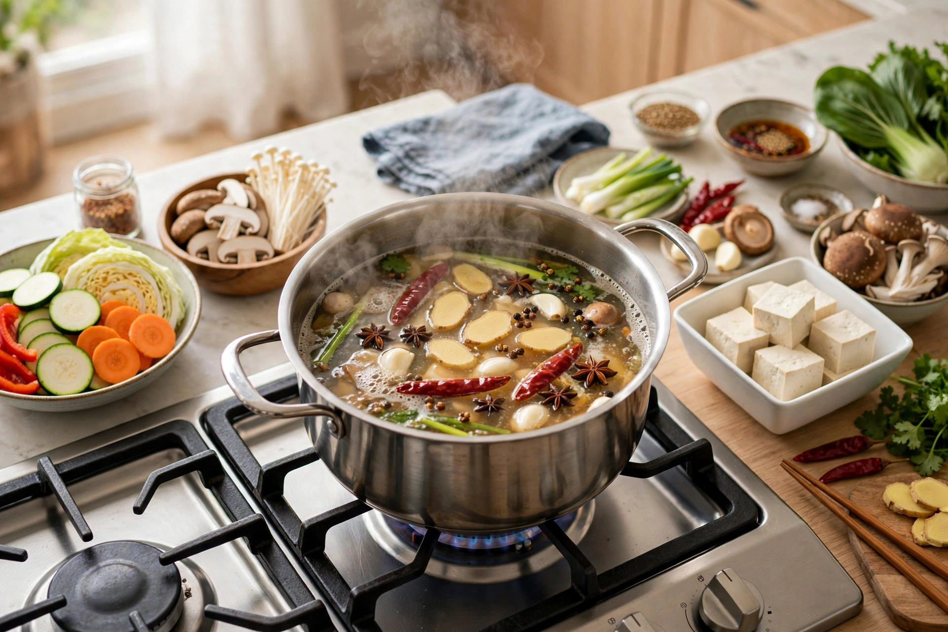 Hot Pot Suppe Rezept – Brühe mit Ingwer, Chili und Sternanis wird im Topf zubereitet