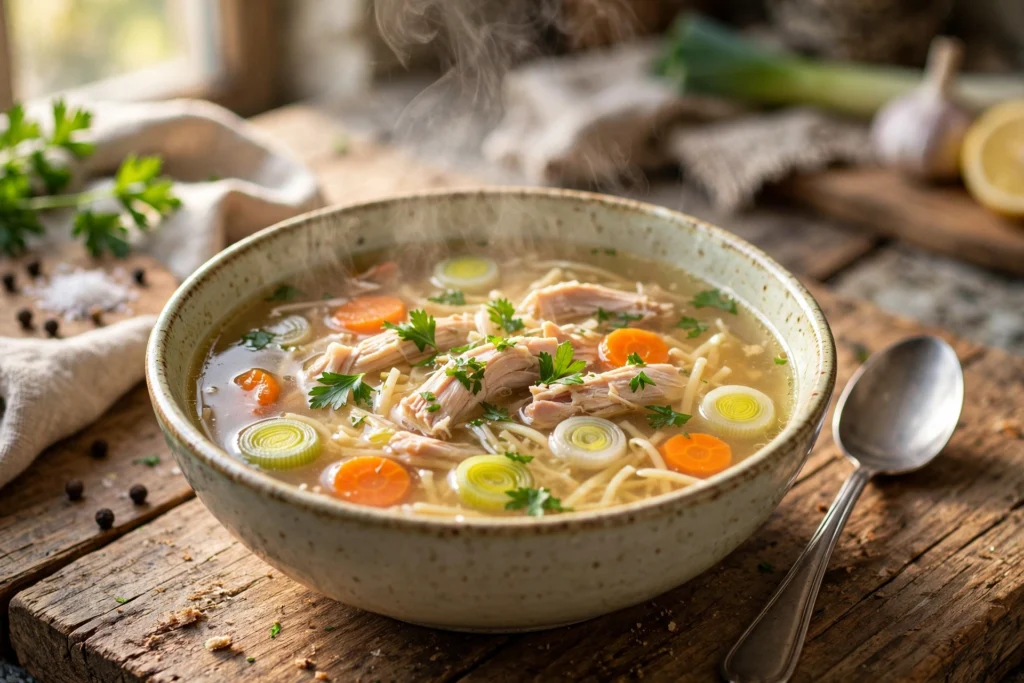 Hühner Suppe Rezept – dampfende Hühnersuppe mit klarem Goldbroth, zartem Hühnerfleisch, Karotten und Suppennudeln