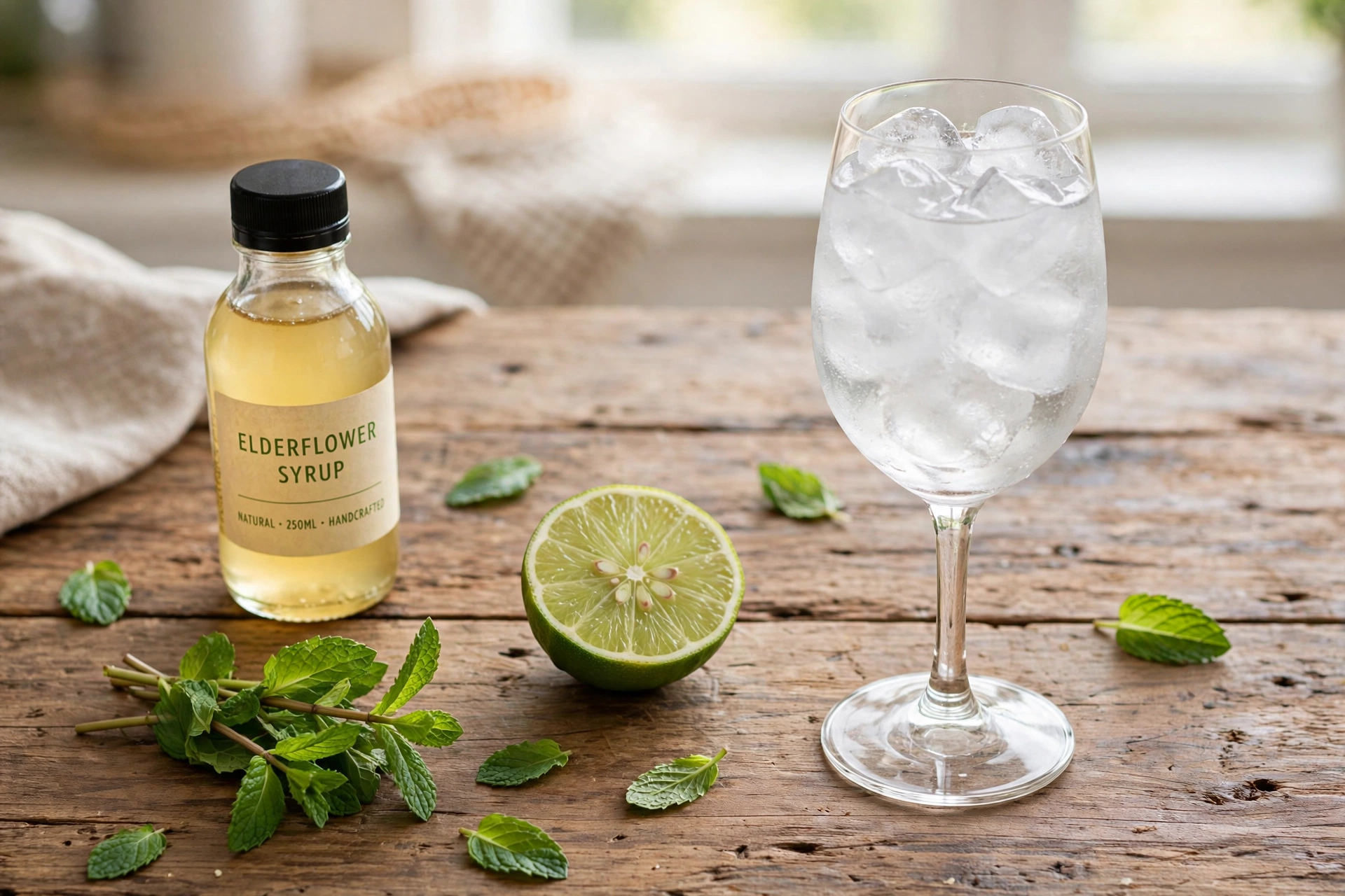 Hugo trinken Rezept – Zutaten für den Hugo: Holunderblütensirup, Minze, Limette und Weinglas