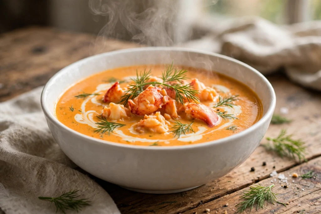 Hummer Suppe Rezept – dampfende cremige Hummersuppe mit Hummerfleisch, Dill und Sahnehaube in weißer Schüssel auf Holztisch
