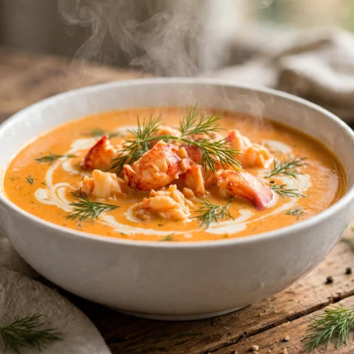 Hummer Suppe Rezept – dampfende cremige Hummersuppe mit Hummerfleisch, Dill und Sahnehaube in weißer Schüssel auf Holztisch