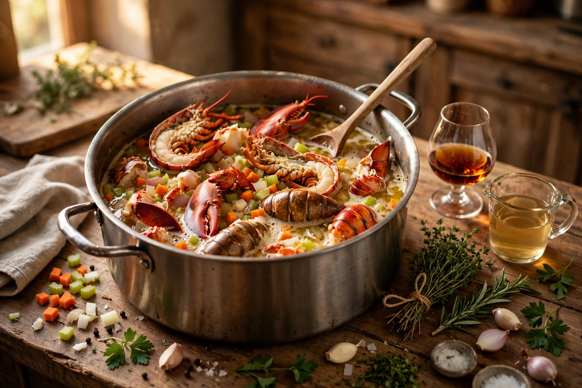 Hummer Suppe Rezept – Zubereitung: Hummerschalen werden mit Gemüse im Topf angeröstet, Cognac und Fischfond stehen bereit