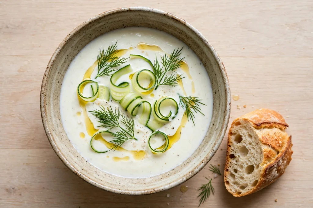 Joghurt Suppe Rezept – cremige Joghurtsuppe mit Dill, Gurkenwürfeln und Olivenöl in einer Schale