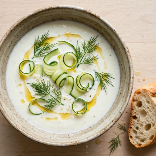 Joghurt Suppe Rezept – cremige Joghurtsuppe mit Dill, Gurkenwürfeln und Olivenöl in einer Schale