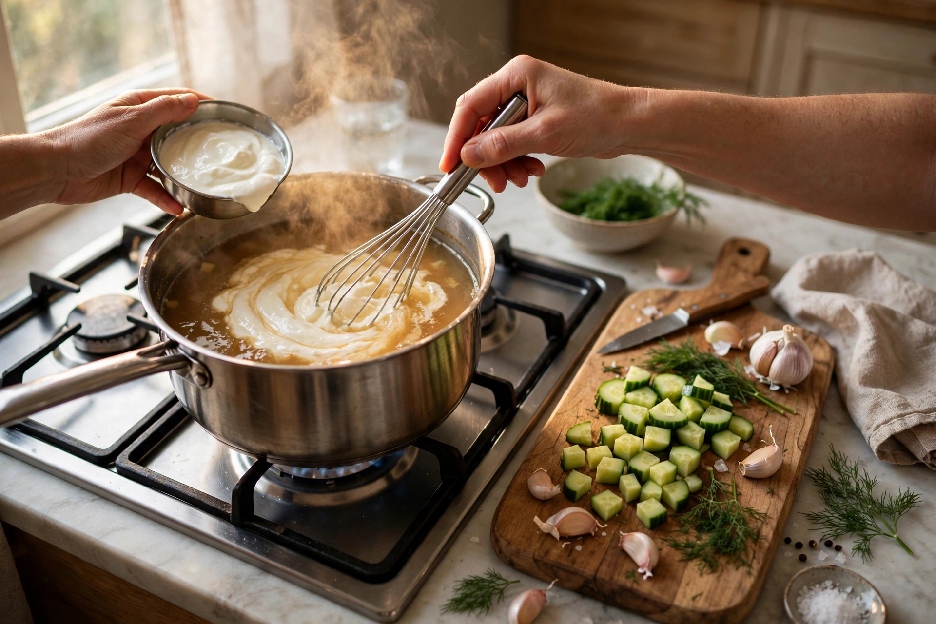 Joghurt Suppe Rezept – Zubereitung: Joghurt wird in die warme Gemüsebrühe eingerührt, Gurke, Dill und Knoblauch bereit