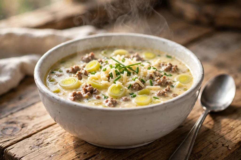 Käse Lauch Suppe Rezept – dampfende cremige Käse-Lauch-Suppe mit Hackfleisch und Schnittlauch in weißer Schüssel auf Holztisch