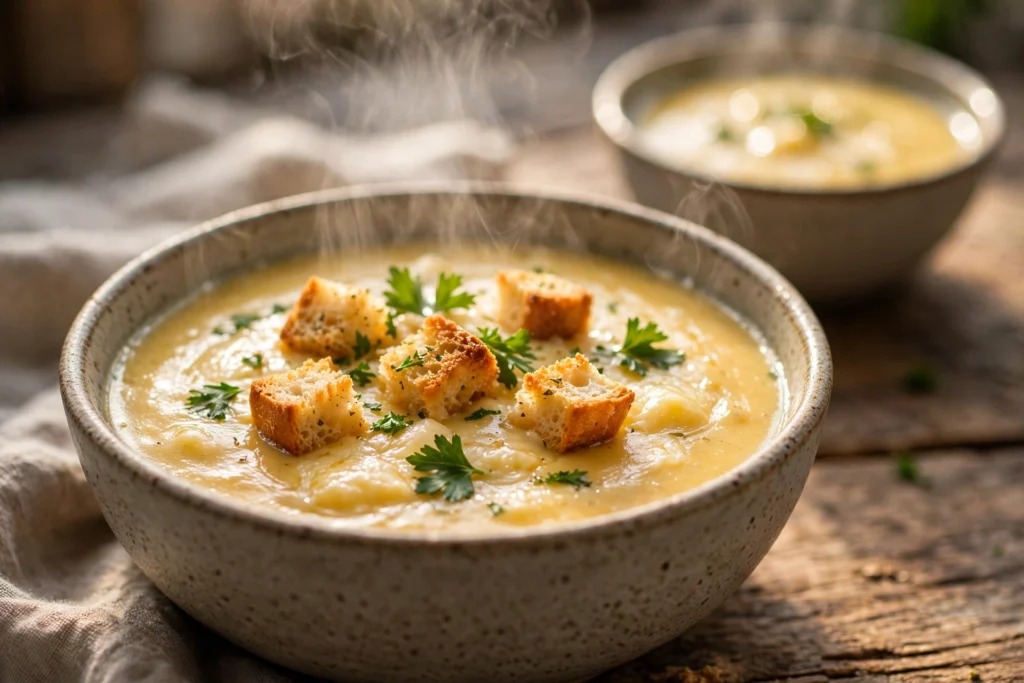 Käse Suppe Rezept – dampfende cremige Käsesuppe mit goldbraunen Croutons und frischer Petersilie auf einem Holztisch