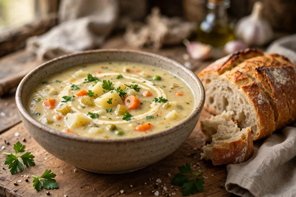 Kartoffel Gemüse Suppe Rezept – cremige Kartoffel-Gemüse-Suppe mit Petersilie und Sahnehäubchen in rustikaler Schale