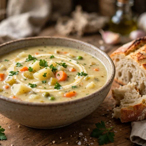 Kartoffel Gemüse Suppe Rezept – cremige Kartoffel-Gemüse-Suppe mit Petersilie und Sahnehäubchen in rustikaler Schale