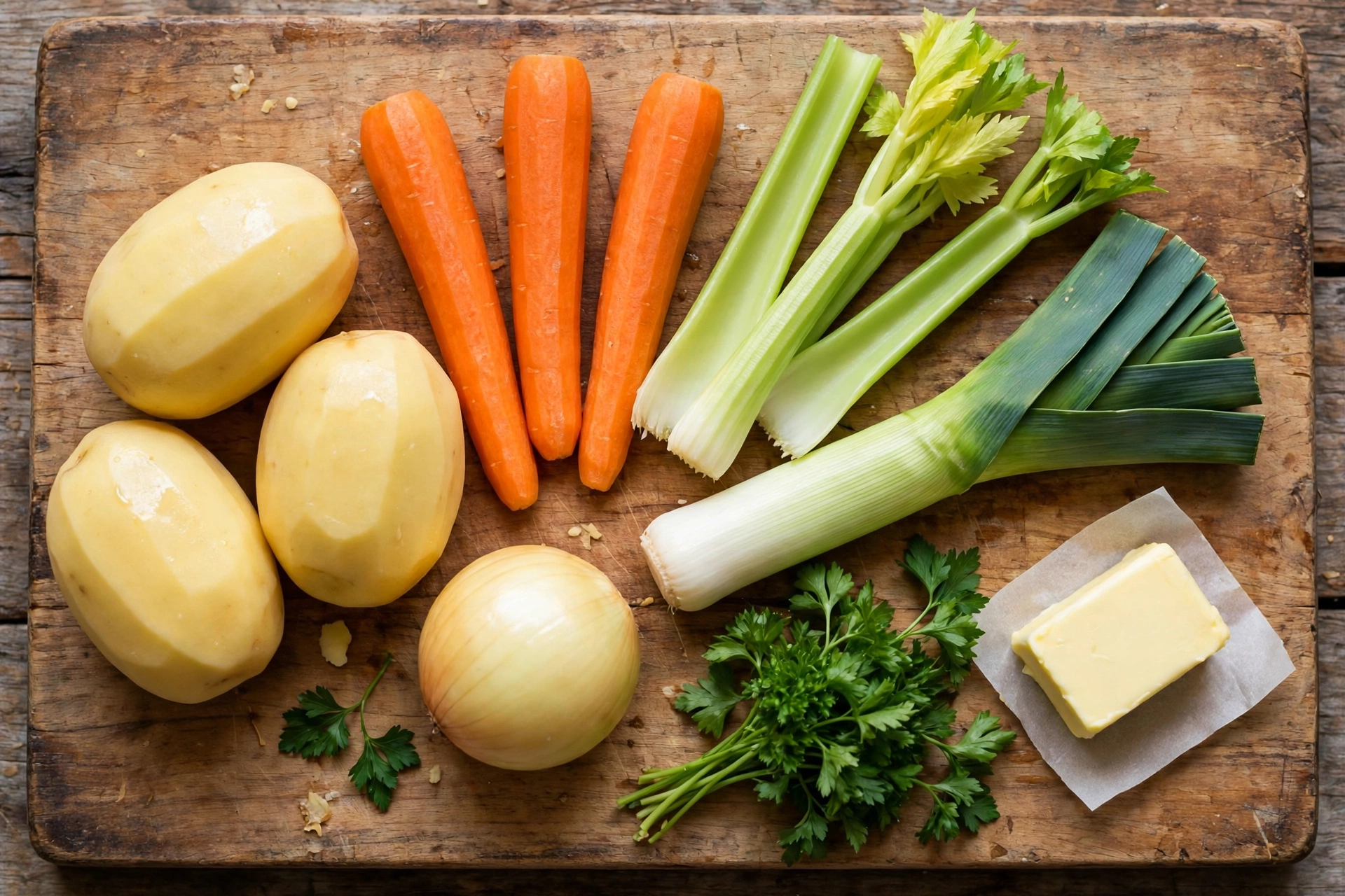 Kartoffel Gemüse Suppe Rezept – frische Zutaten: Kartoffeln, Karotten, Lauch, Sellerie und Petersilie auf einem Holzbrett