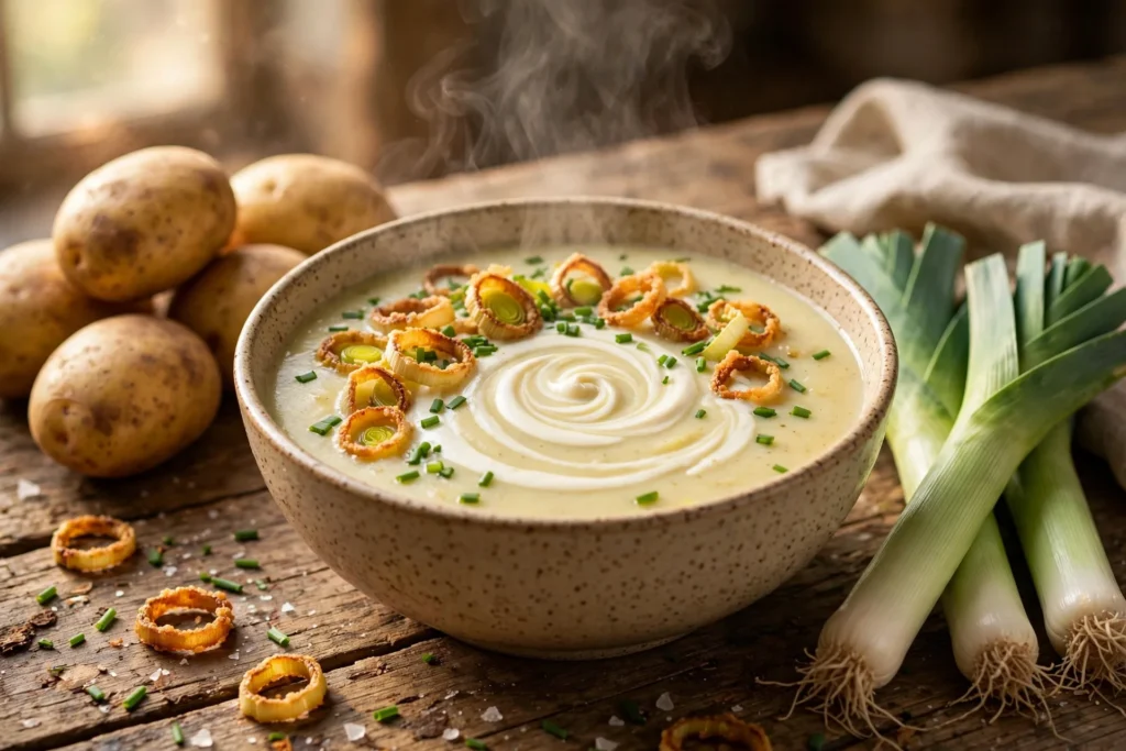 Kartoffel Lauch Suppe Rezept – dampfende cremige Kartoffel-Lauch-Suppe mit Sahnehaube, gerösteten Lauchringen und Schnittlauch in weißer Schale