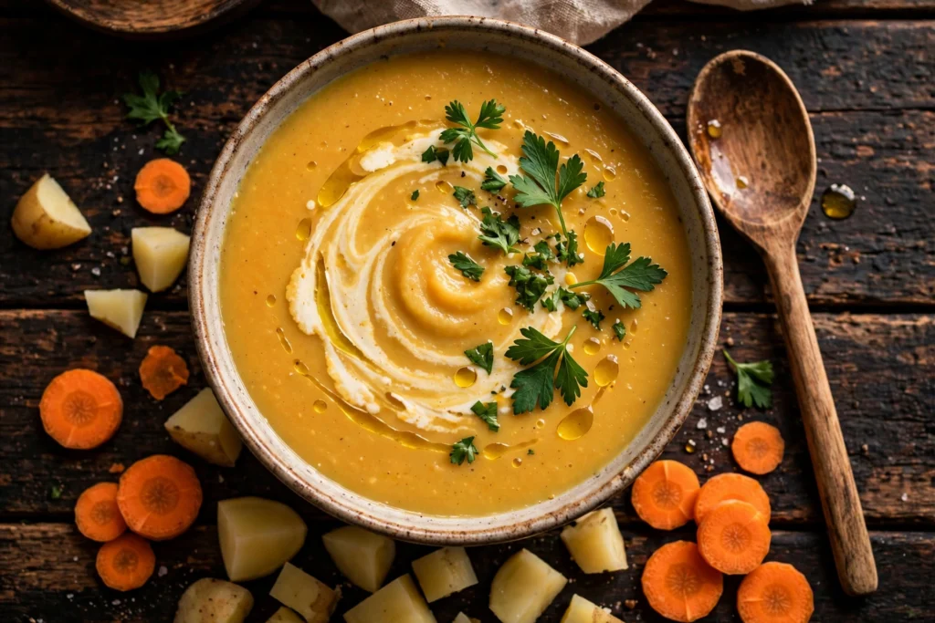 Kartoffel Möhren Suppe Rezept – cremige Suppe im Teller mit Sahnehaube und Petersilie