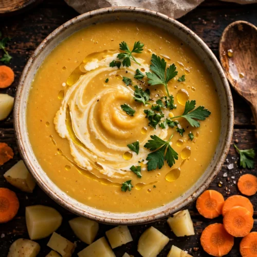Kartoffel Möhren Suppe Rezept – cremige Suppe im Teller mit Sahnehaube und Petersilie