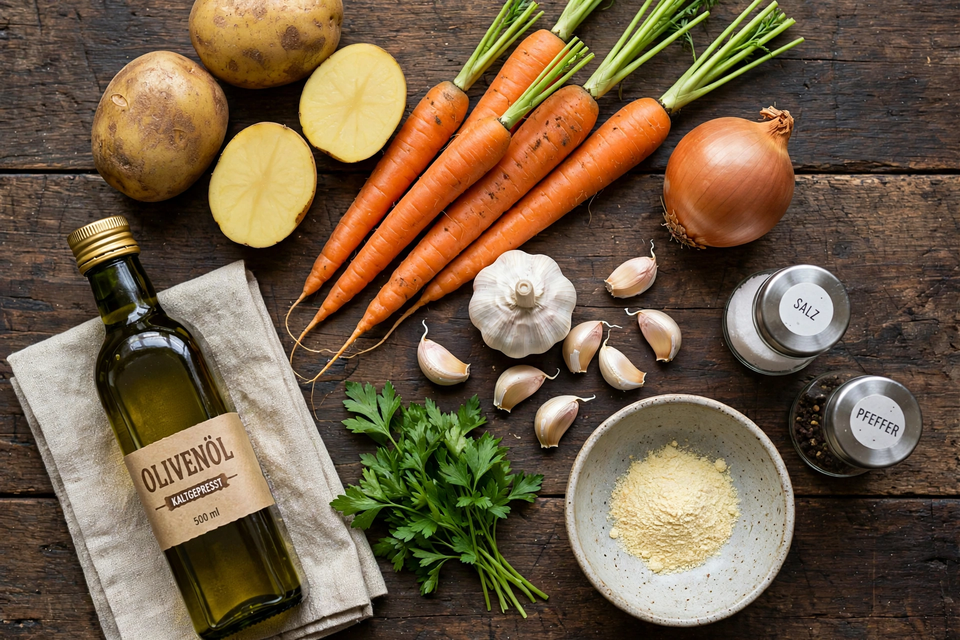 Kartoffel Möhren Suppe Rezept – Zutaten im Überblick: Kartoffeln, Möhren, Zwiebel, Knoblauch und Petersilie