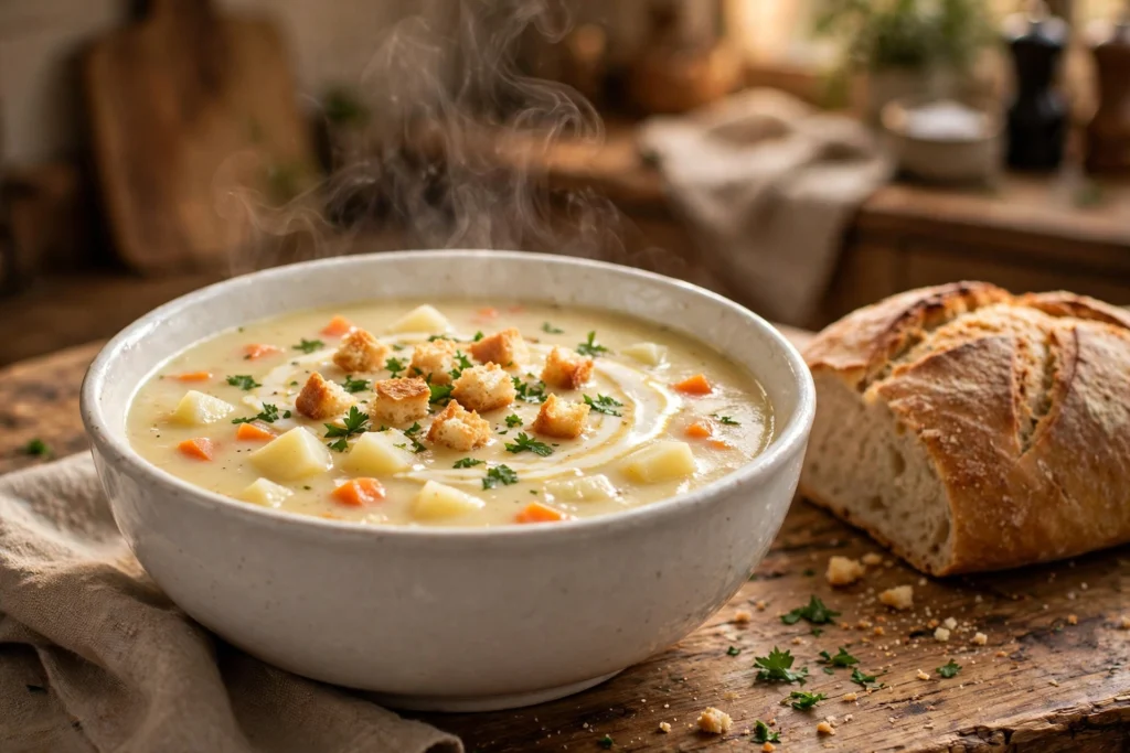 Kartoffel Suppe Rezept – dampfende cremige Kartoffelsuppe mit Sahnehaube, Kartoffelstücken und Croûtons in weißer Schüssel auf Holztisch