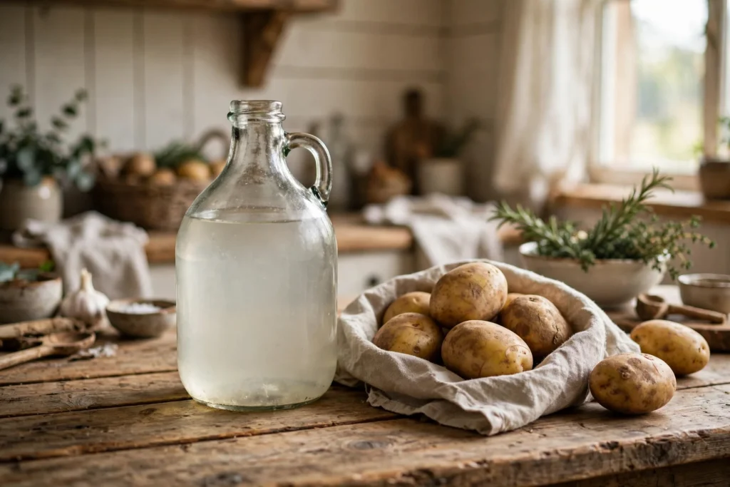 Kartoffelwasser trinken Rezept – Glasflasche mit Kartoffelwasser und frischen Kartoffeln auf Holztisch