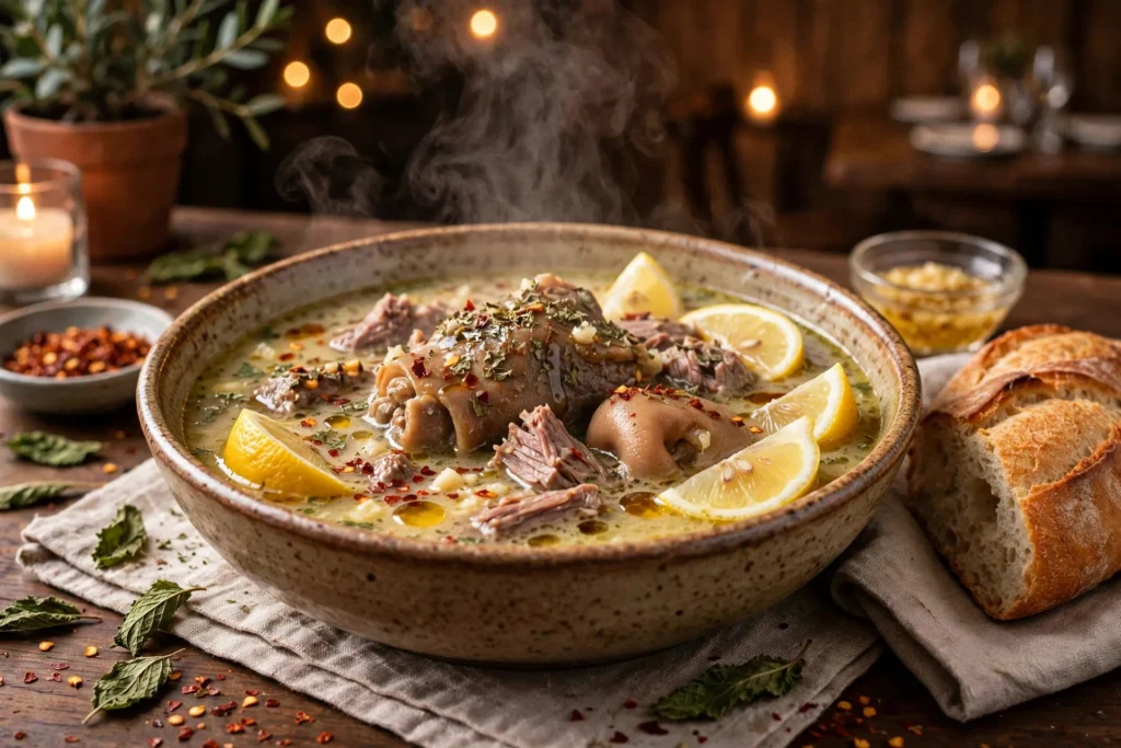 Kelle Paça Suppe Rezept – dampfende Schale mit Zitrone, Chiliflocken und Brot