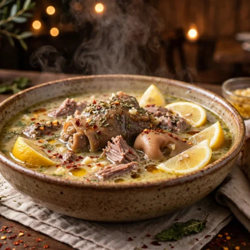 Kelle Paça Suppe Rezept – dampfende Schale mit Zitrone, Chiliflocken und Brot