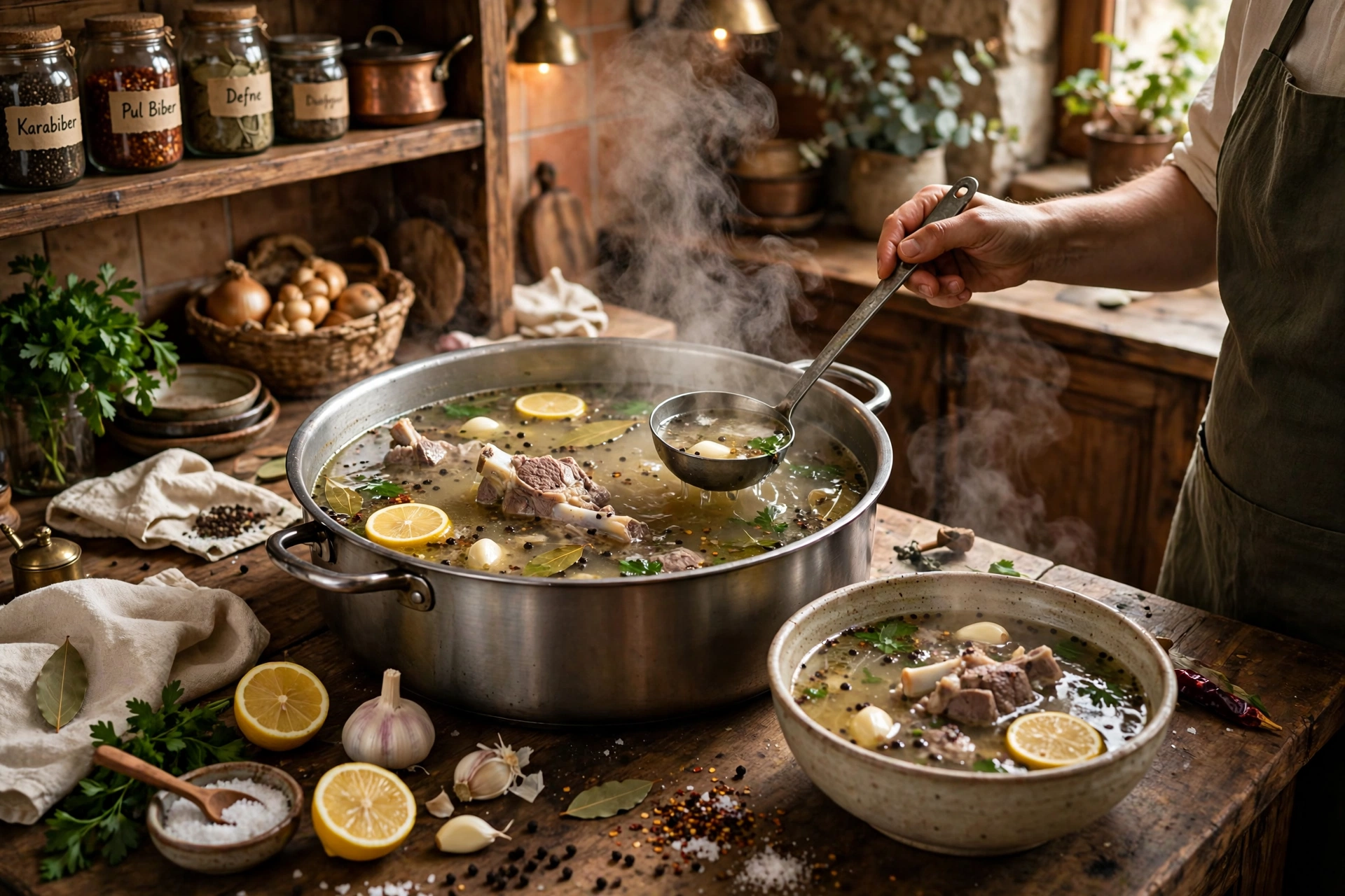 Kelle Paça Suppe Rezept – Zubereitung: köchelnde Brühe mit Lamm, Knoblauch, Zitrone und Gewürzen