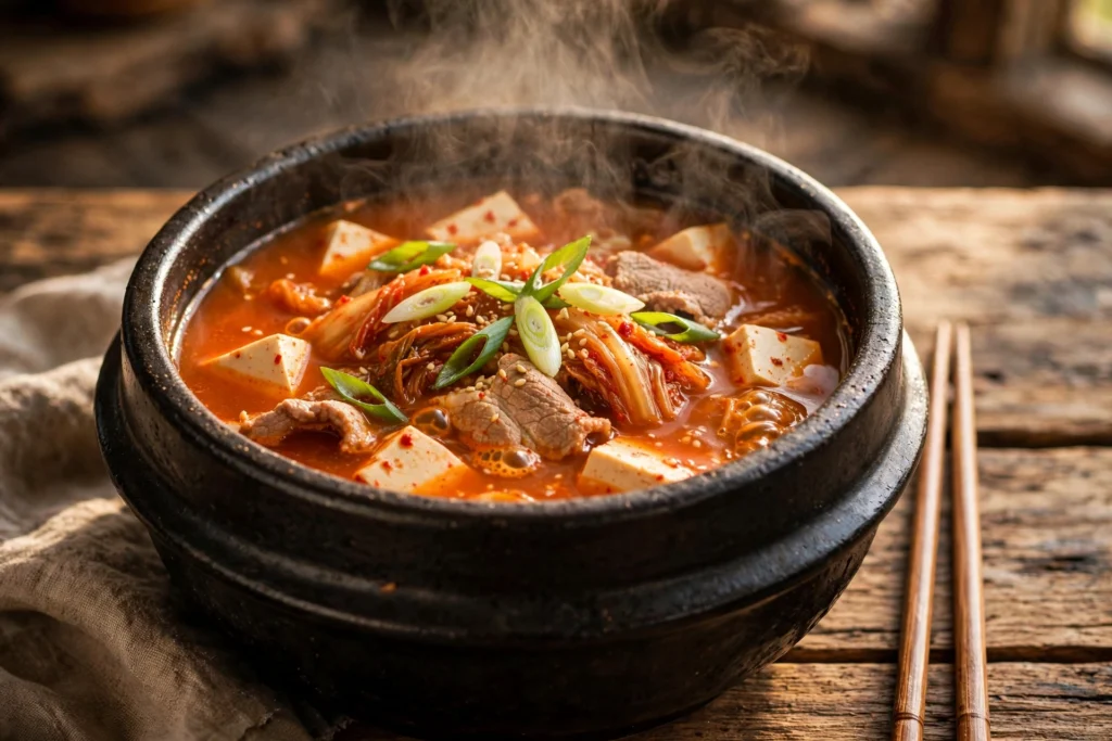 Kimchi Suppe Rezept – dampfende Schüssel koreanische Kimchi-Jjigae mit Tofu und Schweinebauch in tiefroter Brühe mit Frühlingszwiebeln