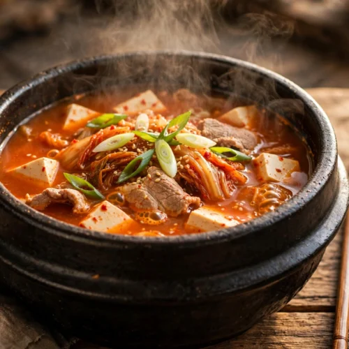 Kimchi Suppe Rezept – dampfende Schüssel koreanische Kimchi-Jjigae mit Tofu und Schweinebauch in tiefroter Brühe mit Frühlingszwiebeln