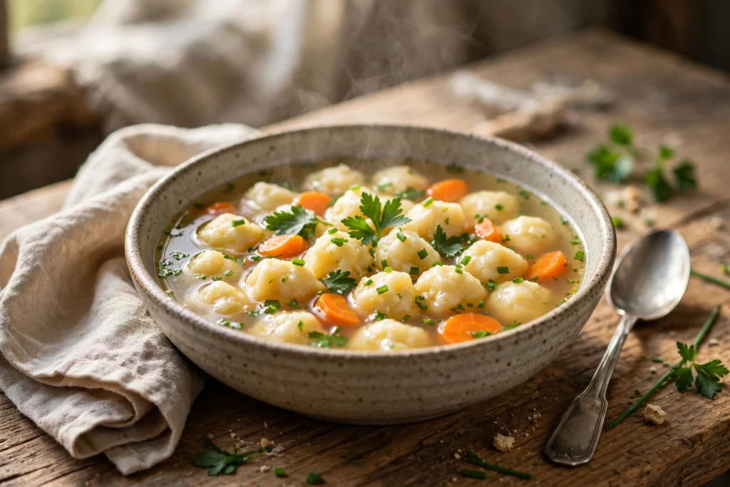 Knöpfle Suppe Rezept – dampfende Schüssel mit kleinen Eierteigknöpfle in klarer goldener Brühe mit Karotten und Petersilie
