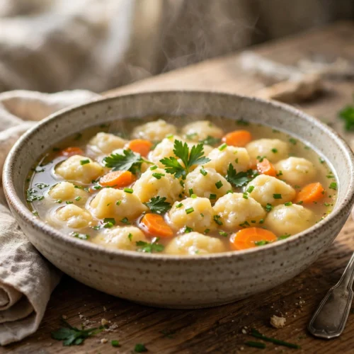 Knöpfle Suppe Rezept – dampfende Schüssel mit kleinen Eierteigknöpfle in klarer goldener Brühe mit Karotten und Petersilie