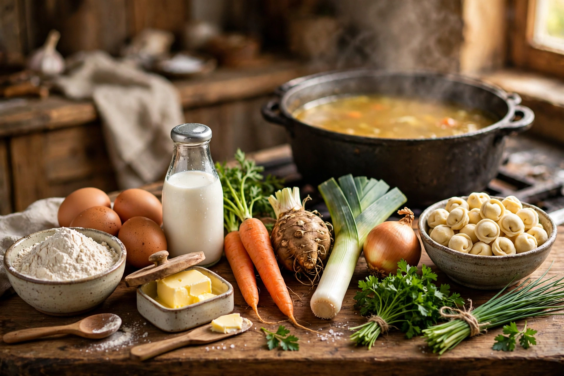 Knöpfle Suppe Rezept – Zutaten im Überblick: Mehl, Eier, Milch, Karotten, Sellerie, Lauch, Petersilie und frische Knöpfle auf einem Holzbrett