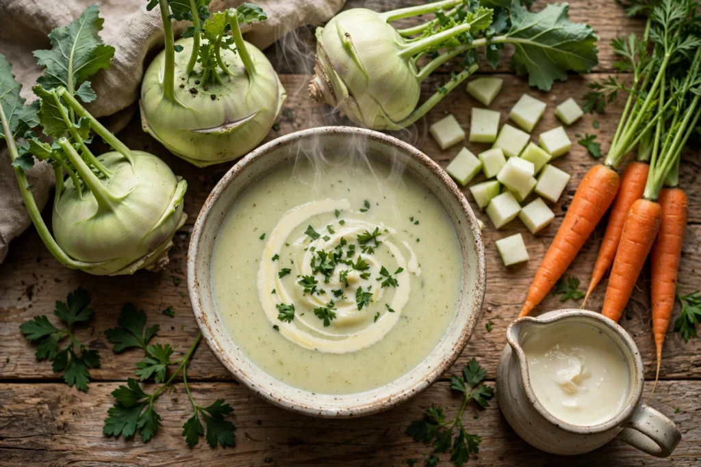 Kohlrabi Suppe Rezept – cremige Kohlrabisuppe mit Sahnehäubchen und Petersilie, frischer Kohlrabi daneben